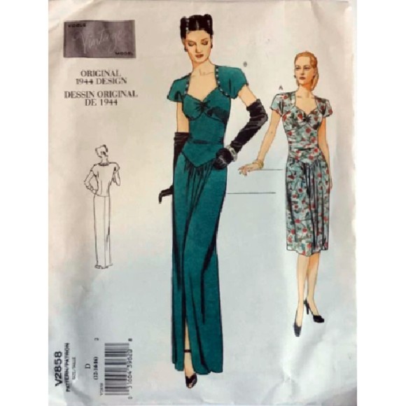 Vintage ©1944 Reproduction Vogue 2858 Sweetheart Drop Waist Dress - Picture 1 of 2